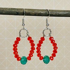 Orange Teal Crystals Beaded Earrings Dangle Pierced Artisan 2” NEW